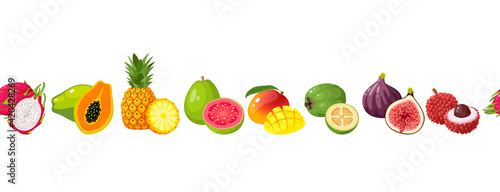 Seamless horizontal composition of tropical cartoon fruits  template element for packaging design. Vector illustration flat isolated icon border set on white background.
