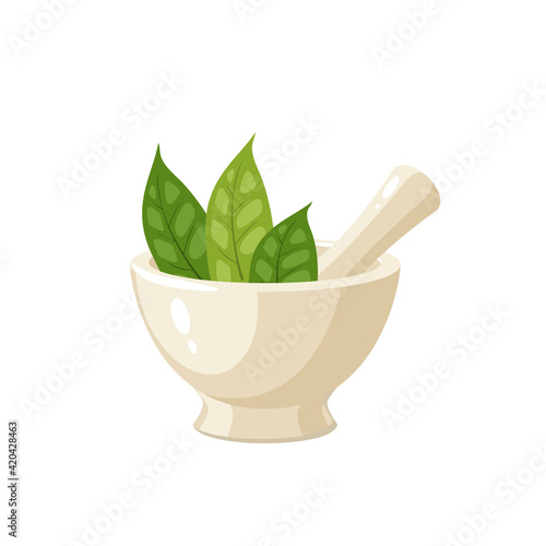 Pounding herbs in porcelain mortar. Vector illustration cartoon flat icon isolated on white background.