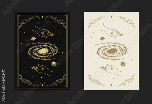 Hand hold universe or outer space card, with engraving, luxury, esoteric, boho, spiritual, geometric, astrology, magic themes, for tarot reader card. Premium Vector