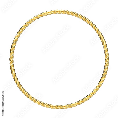 Golden circular rope. Pigtail. Metal rope. Golden wire rope or golden sling. Use for industrial or jewelry background. Hawser closeup on white background. 3D illustration.