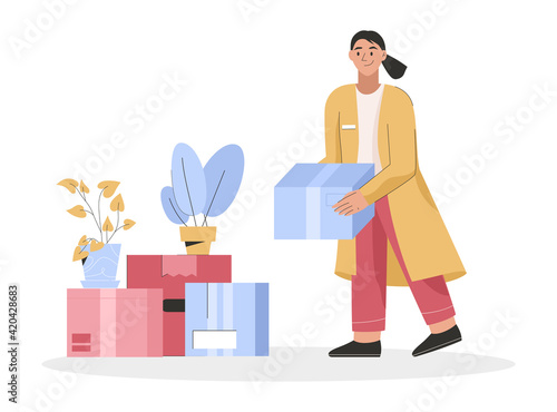 Woman holding cardboard box with things. Young girl packing belongings and plants