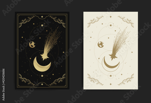 Crescent moon with shooting star card, with engraving, luxury, esoteric, boho, spiritual, geometric, astrology, magic themes, for tarot reader card. Premium Vector