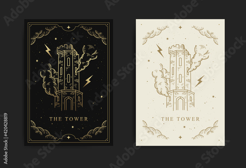 The Tower. Major Arcana tarot card, with engraving, luxury, esoteric, boho, spiritual, geometric, astrology, magic themes, for tarot reader card. Premium Vector