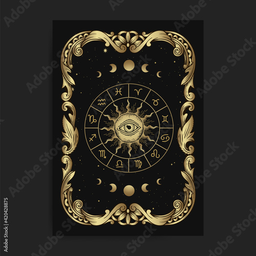 Vintage ornamental zodiac card wheel card, with engraving, luxury, esoteric, boho, spiritual, geometric, astrology, magic themes, for tarot reader card. Premium Vector