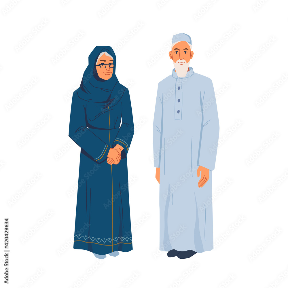 Elderly muslims isolated retired islam man and woman flat cartoon design. Vector old lady in hijab, bearded person in long arabic gown, parents or grandparents couple. Senior people in national cloth