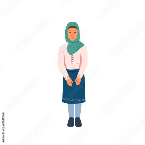 Muslim teenage girl in hijab headscarf national cloth isolated cartoon female student. Vector pretty arab fashion religious woman in skirt, turkish child, middle eastern school or college teenager