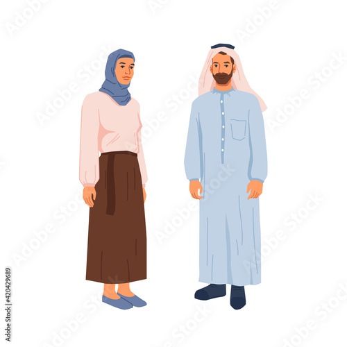 Happy muslim family, bearded man and woman in national cloth isolated cartoon religious people. Vector middle east couple, arabian husband and wife. Father and mother in hijab headscarf, saudi guy