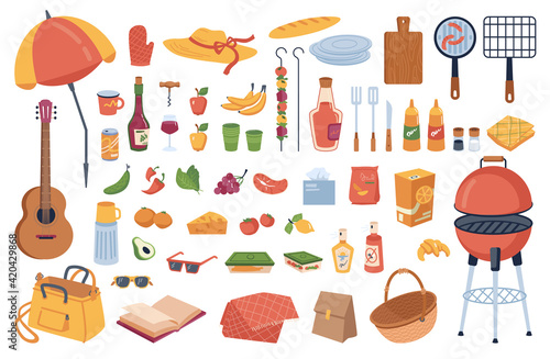 Picnic elements set isolated cartoon icons. Vector grill and umbrella, food drinks, grilling equipment. Guitar and cutting board, book and basket, sauces, glass and summer hat. BBQ meat on skewers