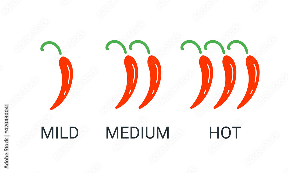 Red chili peppers icon. Logo for mexian restaurant. Mild, medium, hot spicy food. Vector illustration symbol Red chili peppers icon. Logo for mexian restaurant. Mild, medium, hot spicy food. Vector illustration symbol