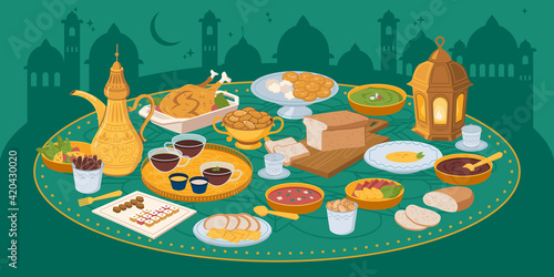 Muslims evening meal iftar, food and drinks on background of city mosques, arabian buildings. Vector Eid mubarak, Ramazan Kareem meal, bread, fruits vegetables, holy lamp. Ftoor muslims evening meal