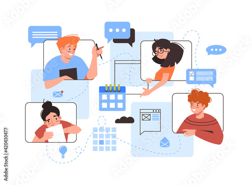 Video conference, people and message bubbles, communication and work online. Vector videocall of freelancers on quarantine, entrepreneurs or man and woman on distant job, clouds and calendars
