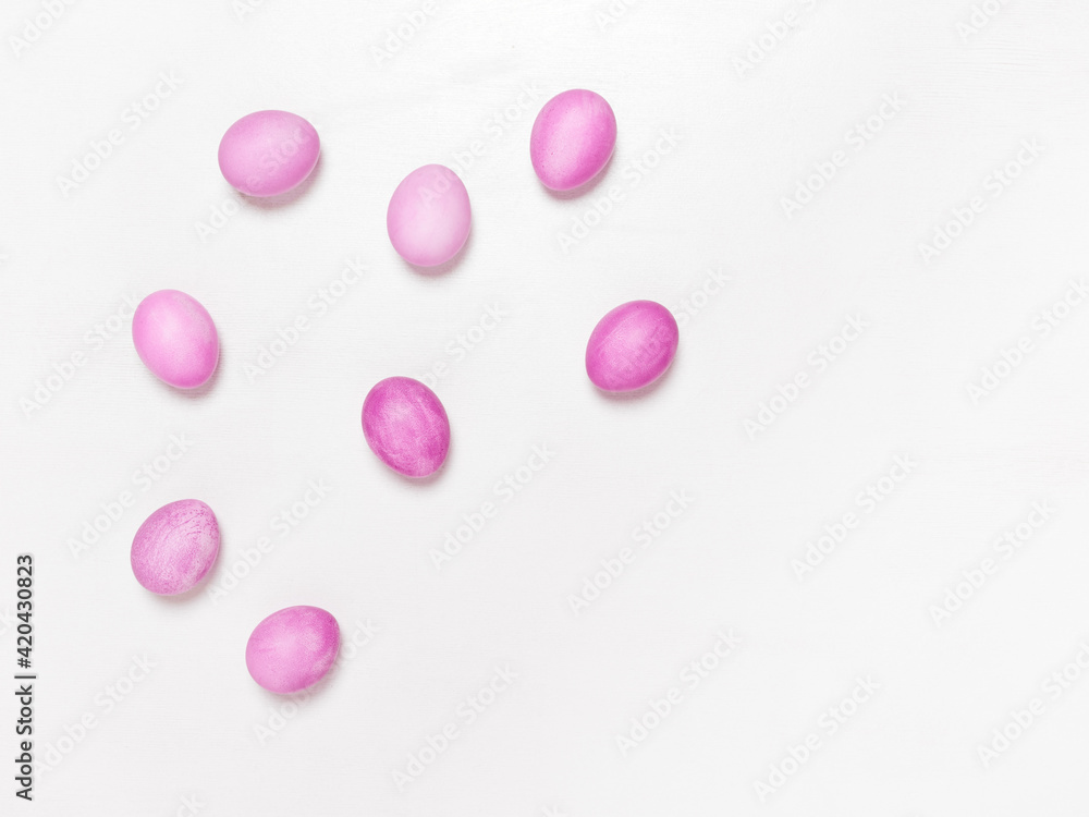 Easter eggs on white background. Easter concept. Top view.
