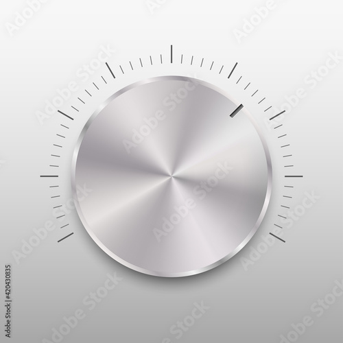 Realistic round metal volume button with shadow. Music knob with steel chrome brushed texture and sound level. Sound panel tuner interface. Template design for ui, app, web. Vector illustration photo