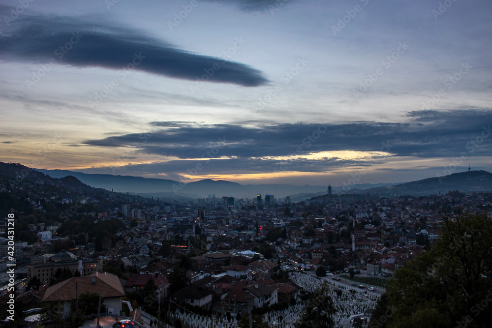City of Sarajevo. Sarajevo after sunset. Panorama of the city of Sarajevo after sunset.