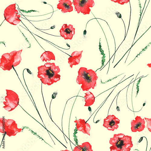 Watercolor abstract seamless background, card, pattern, spot, splash of paint, blot, divorce. red, white paint color. Abstract flower silhouette, poppy, branch, Red Rose. Grunge background.Beautiful © helgafo