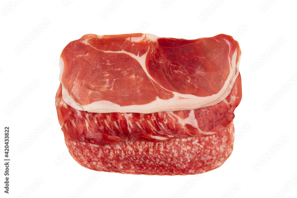 salami sausages and prosciutto isolated on white salami sausages and prosciutto isolated on white