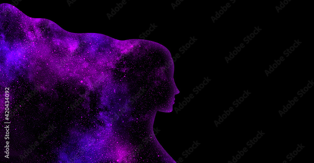 Blue and purple shining star universe in the shape of a woman's profile silhouette on a black background Blue and purple shining star universe in the shape of a woman's profile silhouette on a black background