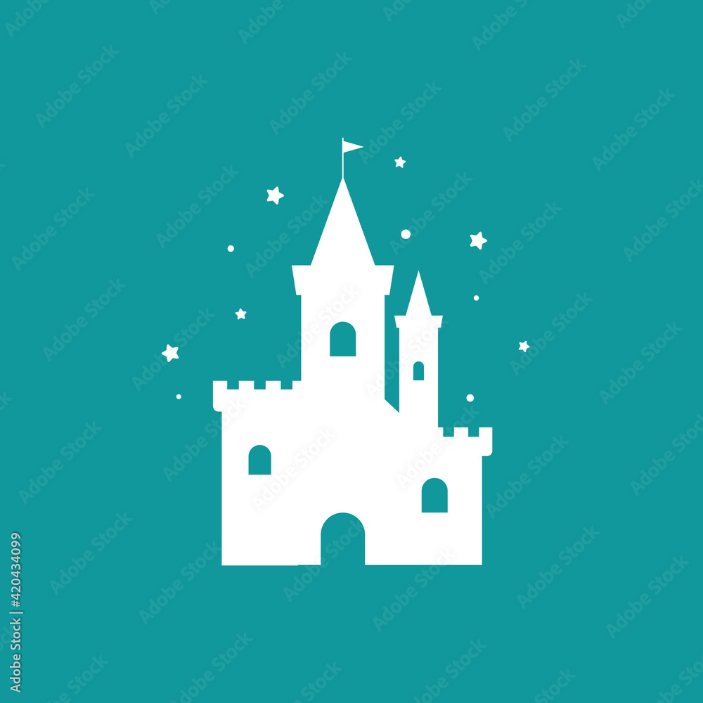 Castle with stars or fireworks icon. Tower, fortress. fairy tale, magic, fantasy logo.