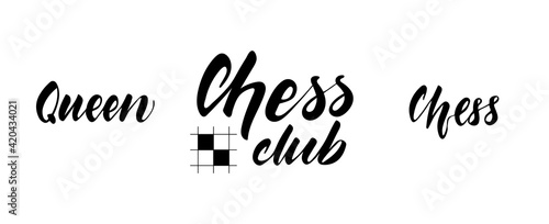 Chess club - black and white script lettering isolated on white background. Chess club logo. Vector illustration.