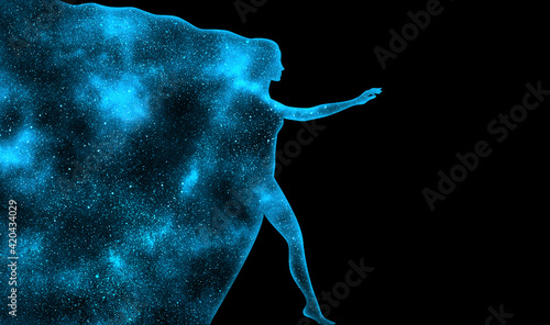 Fototapeta Naklejka Na Ścianę i Meble -  Blue shining star universe in the shape of a woman's profile silhouette in full height on a black background. A woman comes out of space