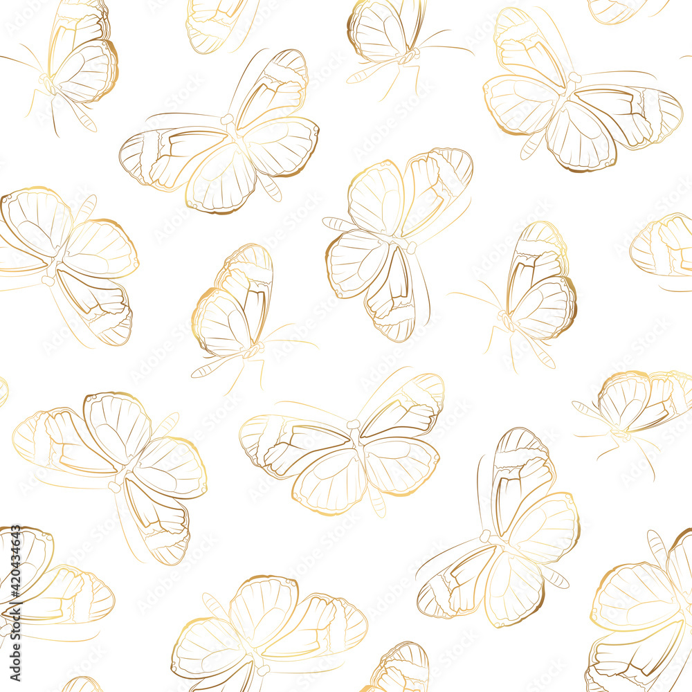 Butterfly seamless pattern. Insect wings flight. Shiny golden outline on white background. Detailed line drawing.