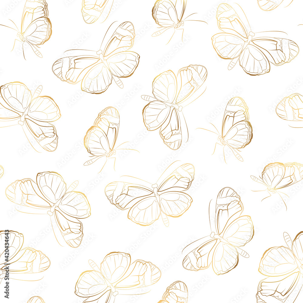 Butterfly seamless pattern. Insect wings flight. Shiny golden outline on white background. Detailed line drawing. Butterfly seamless pattern. Insect wings flight. Shiny golden outline on white background. Detailed line drawing.