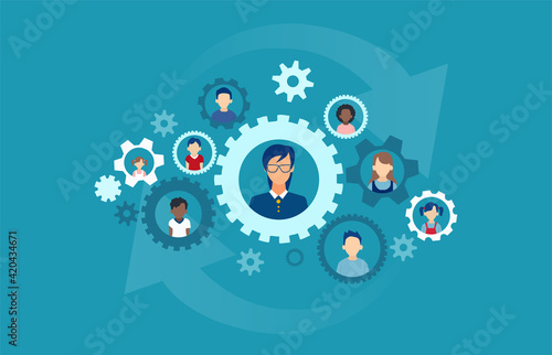 Vector of a teacher interconnected with students in a network of gear mechanisms