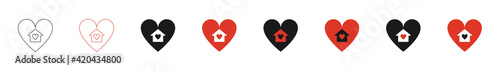 Red, white and black heart with a house inside a vector set. Illustration.