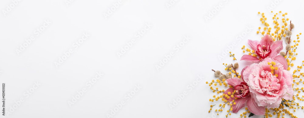 Beautiful floral composition with mimosa flowers on white background, flat lay. Space for text