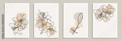 Set of creative minimalist hand draw illustrations floral outline lily pastel biege simple shape for wall decoration, postcard or brochure cover design
