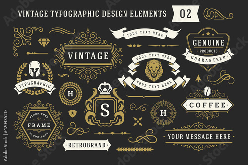 Vintage typographic decorative ornament design elements set vector illustration