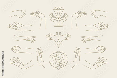 Female hands gestures collection of line art hand drawn style vector illustrations.