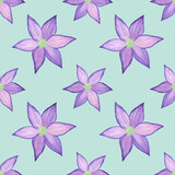 Watercolor flowers of violet clematis on a blue background, seamless pattern.