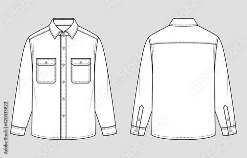 Overshirt. Relaxed Fit. Vector illustration. Flat technical drawing. Mockup template.