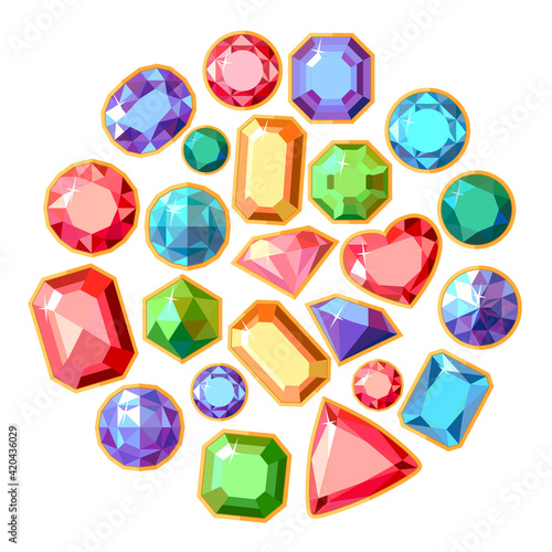 Round template with different jewels. Circle with gems, rubies, emeralds, diamonds and brilliants. Stylized illustration can be used as fashion design template.