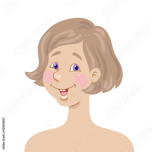 Portrait of a happy young girl with short hair. In cartoon style. Isolated on white background. Vector flat illustration