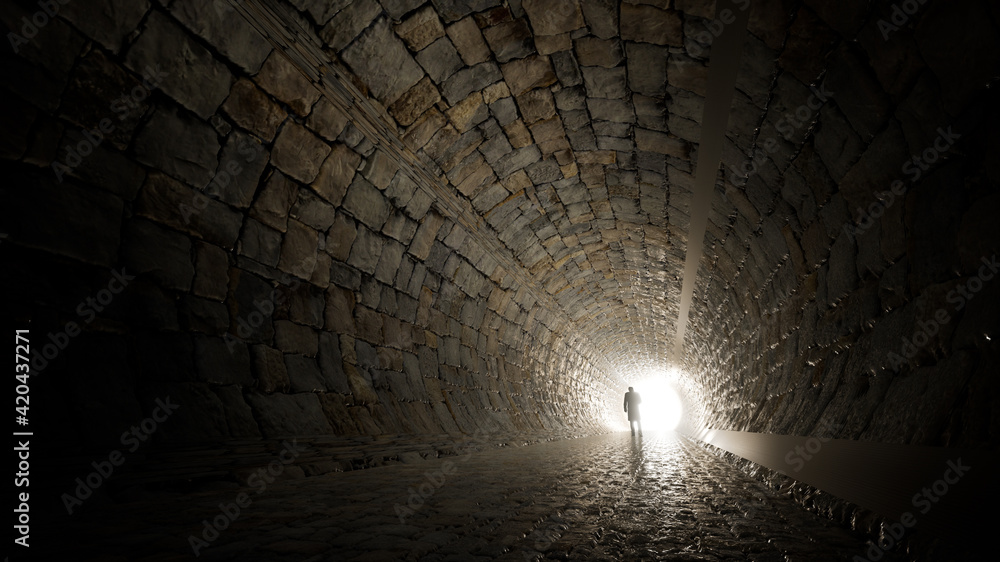 Obraz premium Concept or conceptual dark tunnel with a bright light at the end or exit as metaphor to success, faith, future or hope, a black silhouette of walking man to new opportunity or freedom 3d illustration