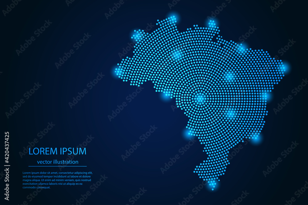 Abstract image Brazil map from point blue and glowing stars on a dark background. vector illustration.