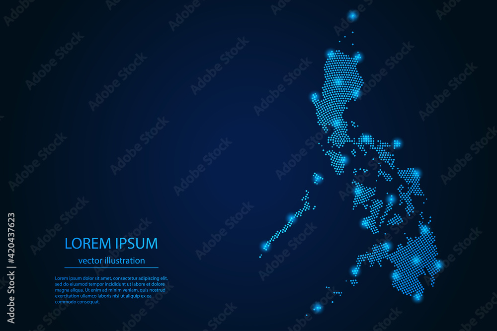 Abstract image Philippines map from point blue and glowing stars on a dark background. vector illustration.