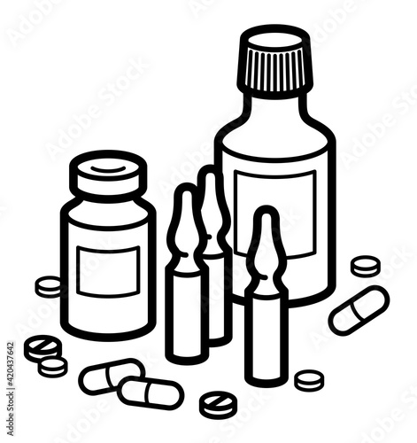 Medicine pharmacy theme medical bottles pills and ampules 3d vector illustration isolated, medicaments and drugs, health care meds cartoon, vitamins or antibiotics, simple linear design.