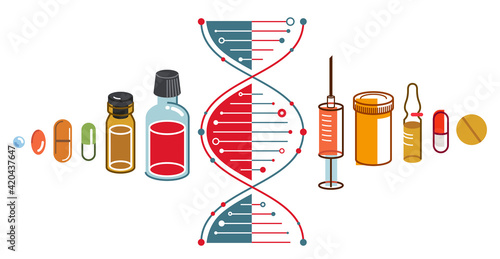 DNA strand based medical theme composition with lots of different drugs and meds vector illustration isolated, drugstore or medical biotechnology scientific research.