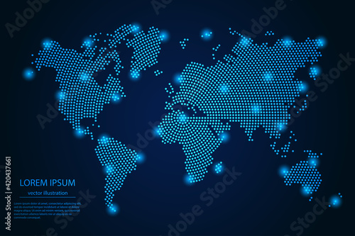 Abstract image World map from point blue and glowing stars on a dark background. vector illustration.