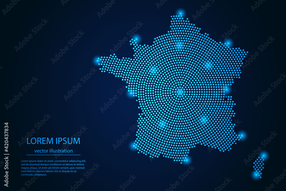 Abstract image France map from point blue and glowing stars on a dark background. vector illustration.