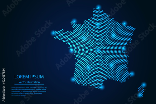 Abstract image France map from point blue and glowing stars on a dark background. vector illustration.