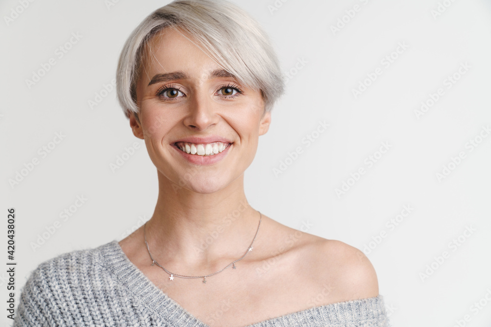 Happy beautiful silver girl smiling and looking at camera Happy beautiful silver girl smiling and looking at camera