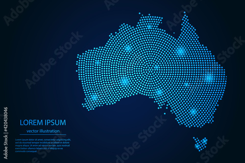 Abstract image Australia map from point blue and glowing stars on a dark background. vector illustration.