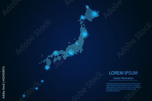 Abstract image Japan map from point blue and glowing stars on a dark background. vector illustration.