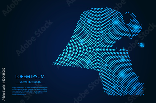Abstract image Kuwait map from point blue and glowing stars on a dark background. vector illustration.