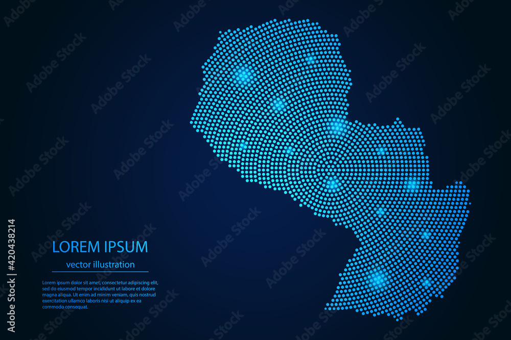 Abstract image Paraguay map from point blue and glowing stars on a dark background. vector illustration.