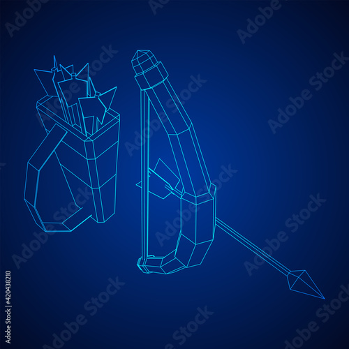Medieval Bow and arrow archer weapon. Wireframe low poly mesh